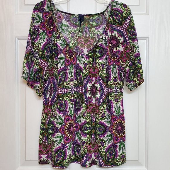 Purple/Brown/Black/Green Low V Neck 3/4 sleeves XL - Picture 1 of 8